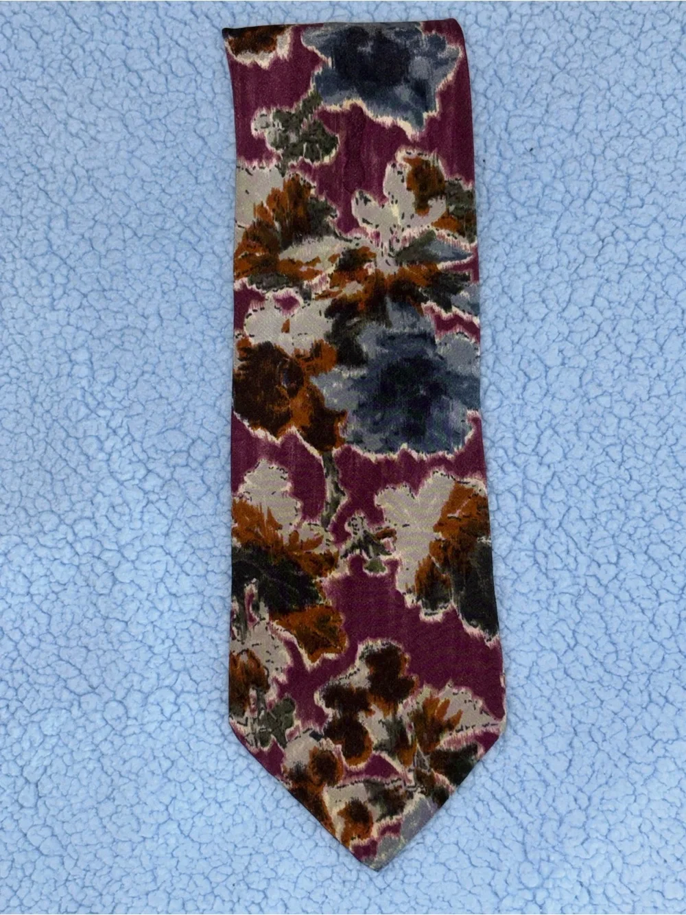 Valentino Cravatte Plum Floral Silk Tie with Brown, Gray and Cream Accents